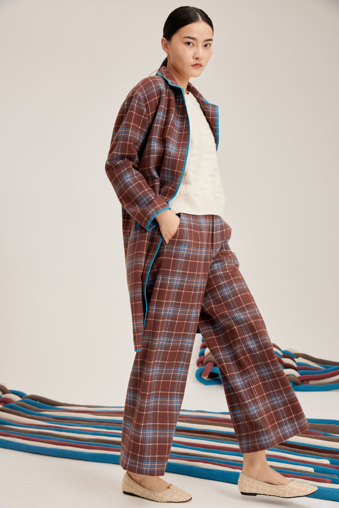 Women's check-pattern cashmere trousers