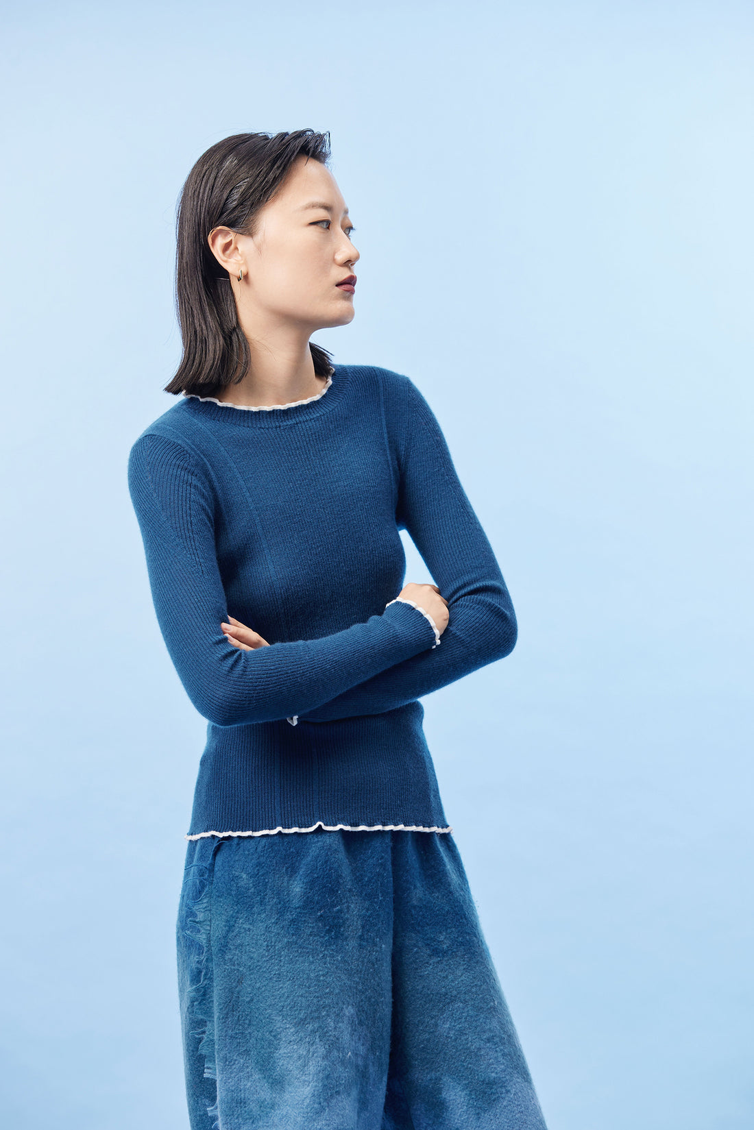 Women's crew neck worsted cashmere top