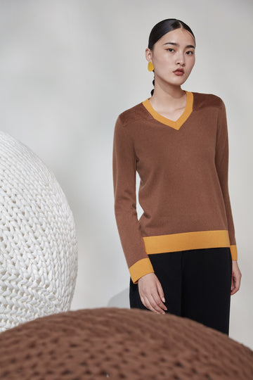Joint stitch V-neck 100% cashmere jumper